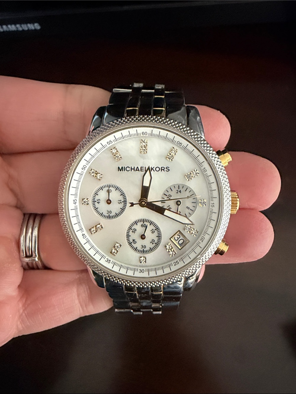 Michael Kors Silver and Gold Stainless Steel Bracelet Watch (Back View)